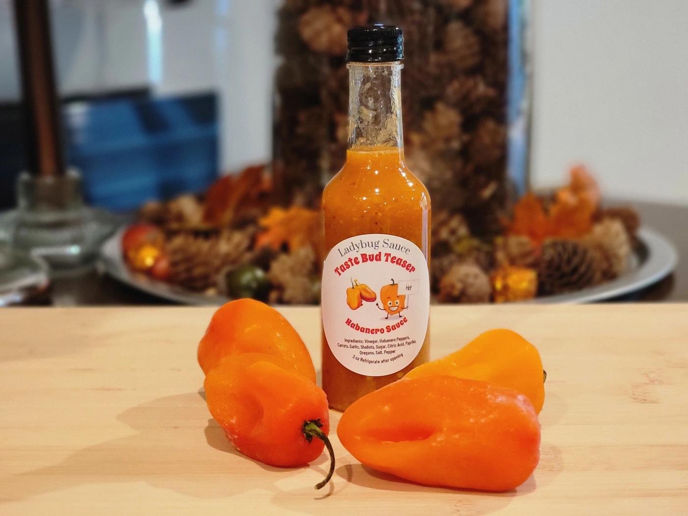 A bottle of Taste Bud Teaser habanero sauce between two orange habanero peppers